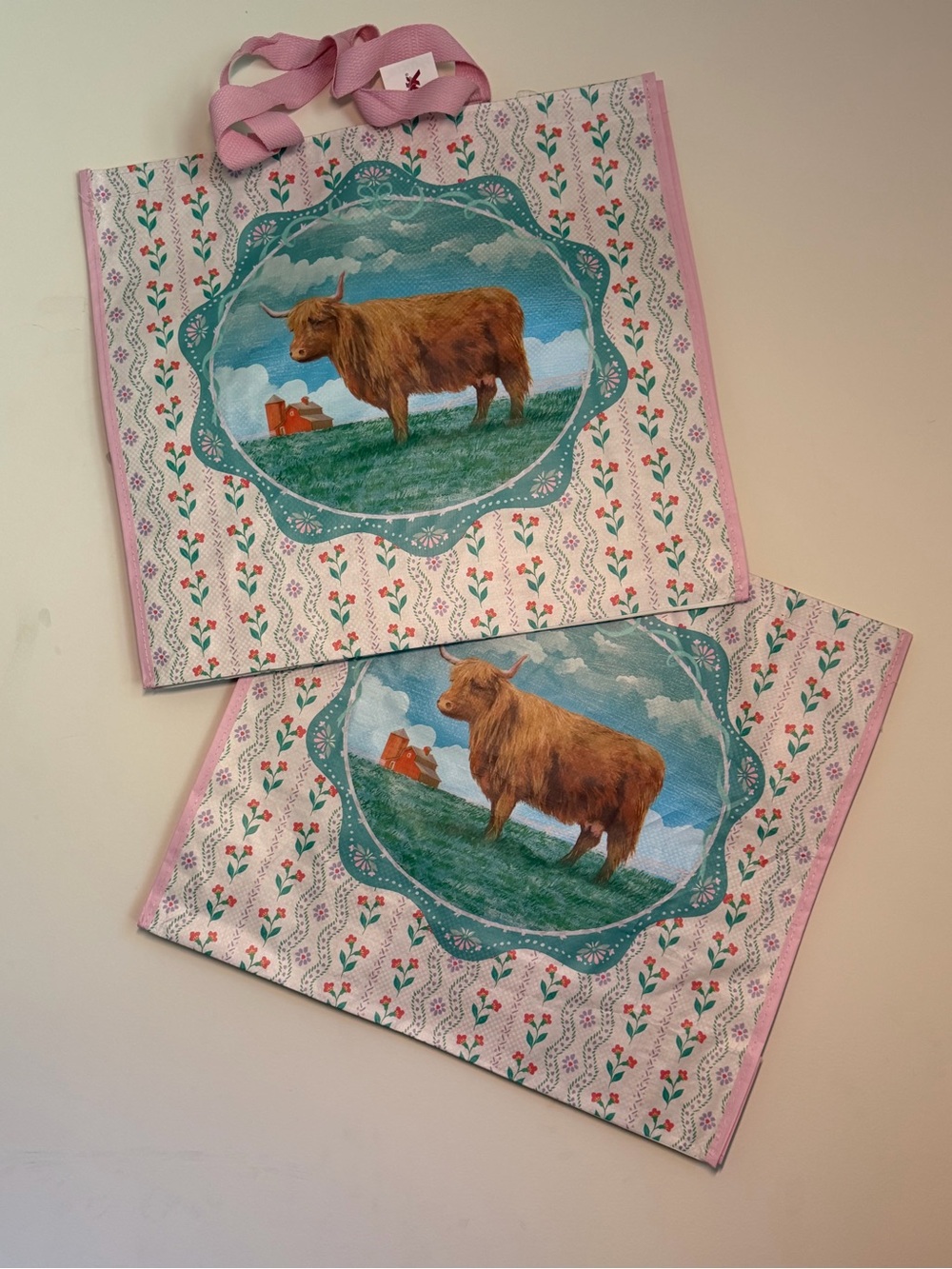 Reusable Highland Cow Tote Bag Set of 2 Pink Floral